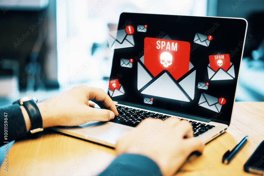 Poster man typing on a laptop with spam email notifications on the screen.