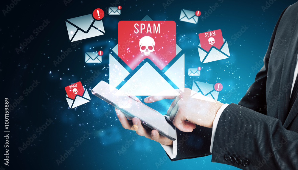 Poster Spam email notifications on a tablet with skull icons representing cybersecurity threats.