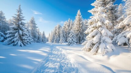 Naklejka premium Snowy Forest with Tall Pine Trees Under Clear Sky