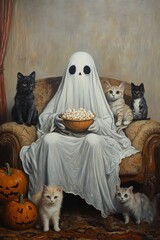 An oil painting of a ghost sitting on a couch with a bowl of popcorn in his hand. There are a bunch of cats with kittens next to him. The background is a living room. Halloween pumpkin.