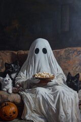 An oil painting of a ghost sitting on a couch with a bowl of popcorn in his hand. There are a bunch of cats with kittens next to him. The background is a living room. Halloween pumpkin.