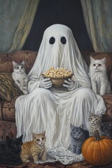 An oil painting of a ghost sitting on a couch with a bowl of popcorn in his hand. There are a bunch of cats with kittens next to him. The background is a living room. Halloween pumpkin.