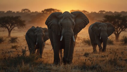 Obraz premium elephants at sunset