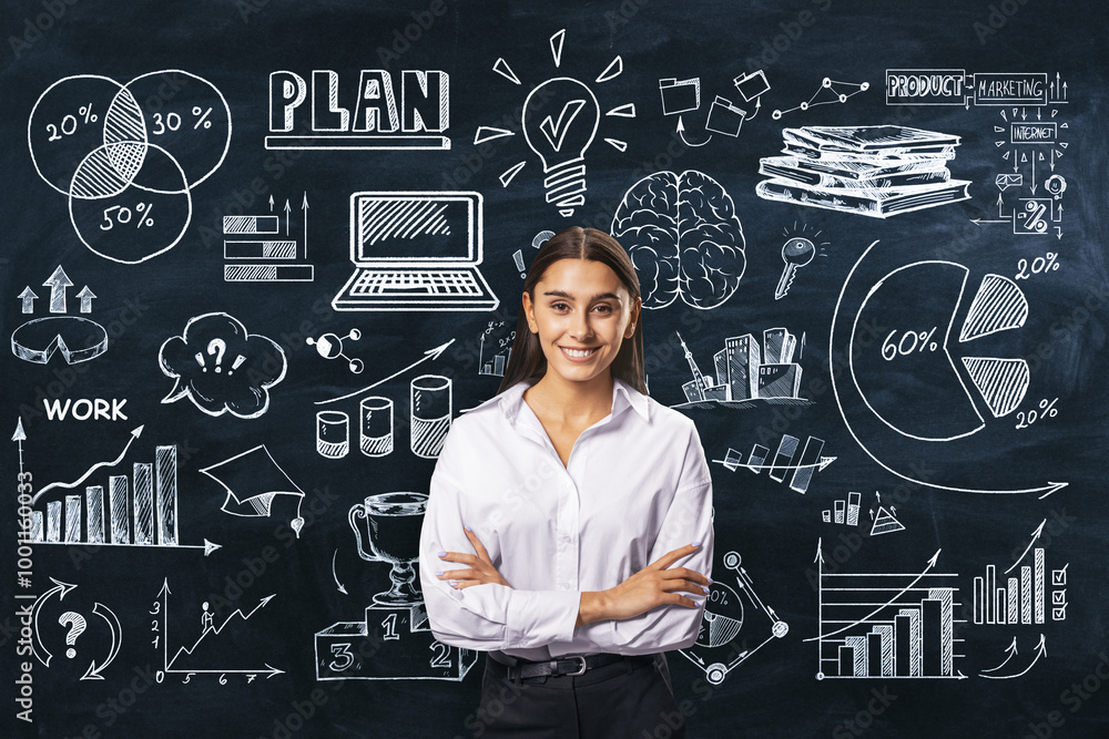 Poster businesswoman standing in front of a chalkboard with business sketches and graphs.
