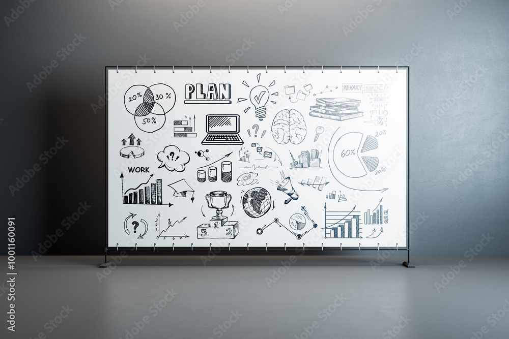 Poster Whiteboard with business strategy sketches in an empty office room. 3D Rendering