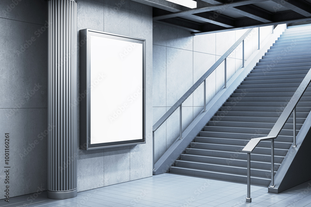 Poster empty billboard mockup near a staircase in a modern subway station. 3d rendering