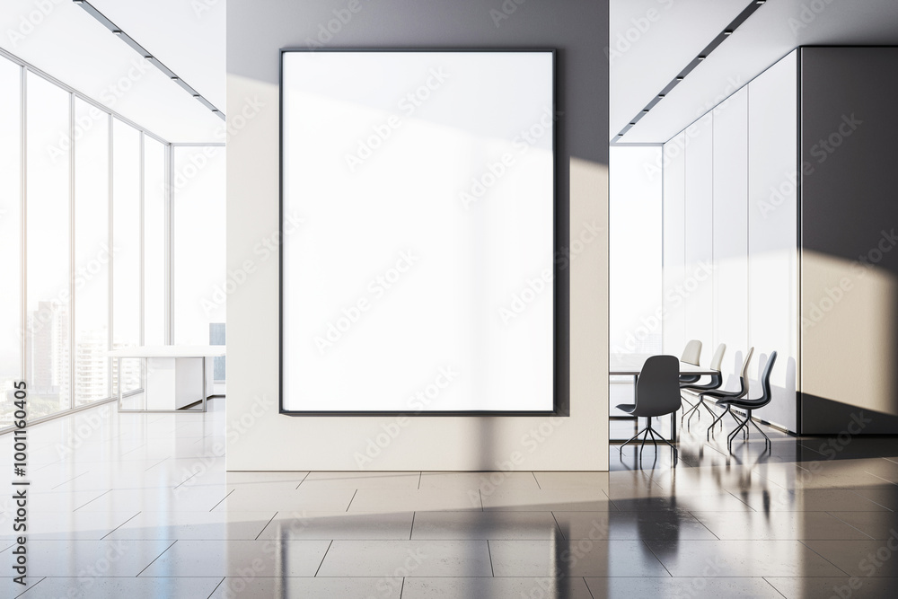 Aufkleber blank poster mockup in a modern office space with city view and sunlight. 3d rendering