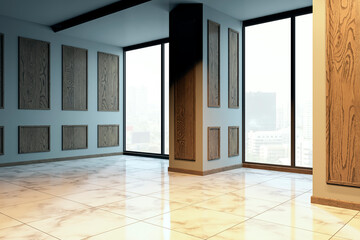 Modern empty room with wooden panel walls and large windows. 3D Rendering