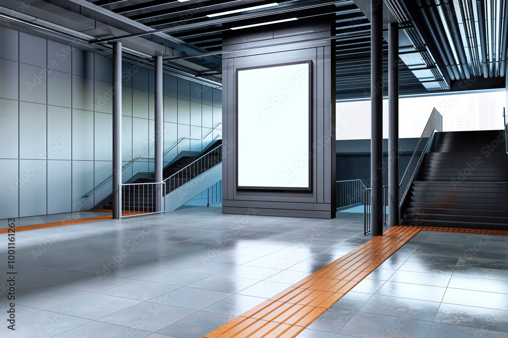 Poster blank advertising screen in a modern subway station. 3d rendering