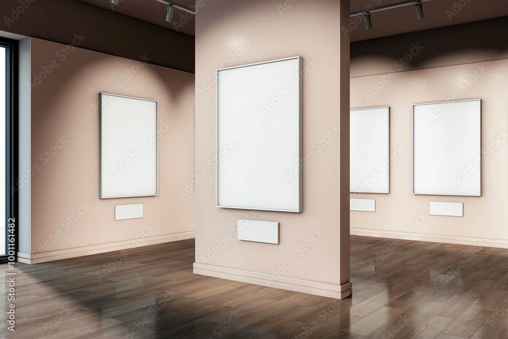 Aufkleber Modern empty interior gallery with blank frames on beige walls. 3D Rendering