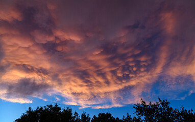 Obraz premium Striking sunset image shows pink clouds illuminated by the sun against a blue sky, New Jersey, USA