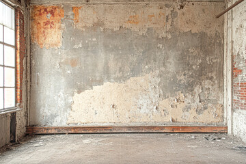 Fototapeta premium A large, empty room with a wall that is covered in peeling paint