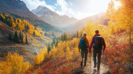 Happy Couple Enjoying a Colorful Fall Hike in Mountains
