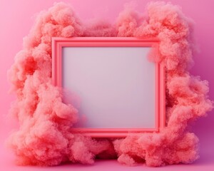Colorful frame with fluffy pink texture on a bright pink background.