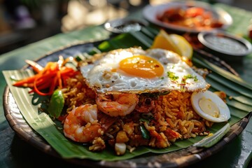 Indonesian Nasi Goreng with Shrimp and Sunny-Side Egg on Banana Leaf Platter






