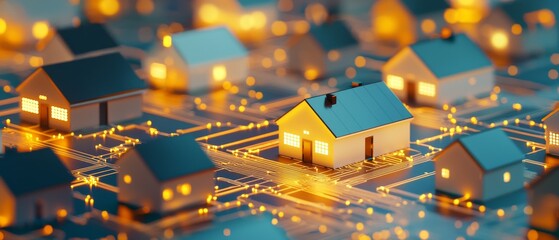 Colorful house model with glowing lights against a dark background.