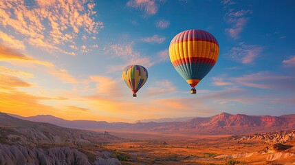 Obraz premium Colorful Hot Air Balloons Over Desert Landscape
