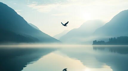 Majestic Bird Flying Over Serene Lake with Mountains