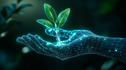 A neural network hand holds a plant, symbolizing the union of AI and nature. The concept of innovation, sustainability, and the potential for technology to support environmental growth. Generative AI.