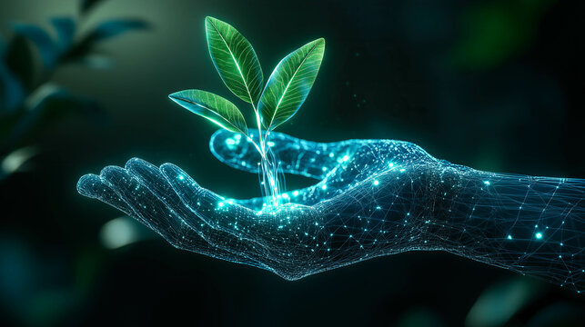 A neural network hand holds a plant, symbolizing the union of AI and nature. The concept of innovation, sustainability, and the potential for technology to support environmental growth. Generative AI.