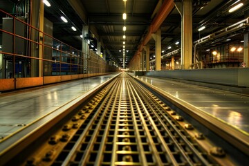 Long and winding conveyor belt system running through an industrial facility