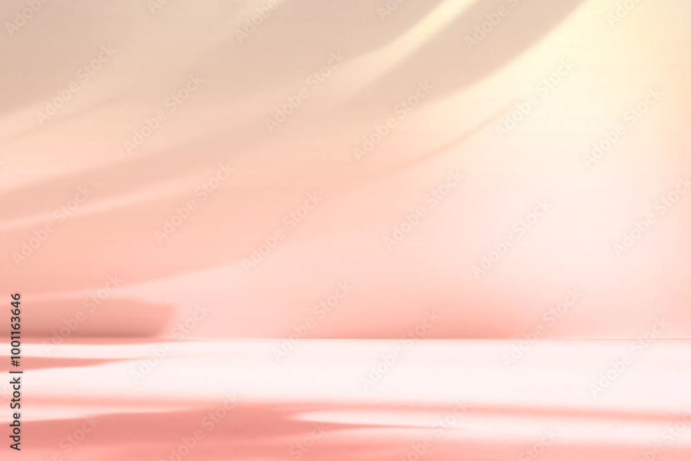 Poster Abstract pink color gradient studio background for product presentation. Empty room with shadows of flowers and plant leaves. 3d orange room with copy space. Summer concept. Blurred backdrop