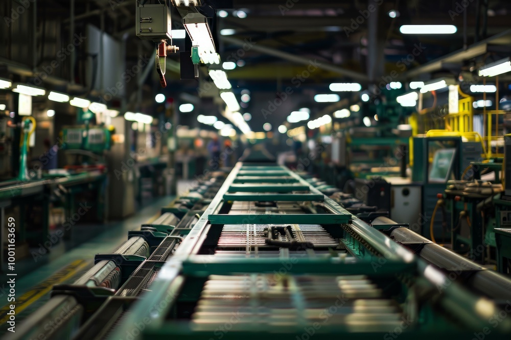 Poster empty assembly line is moving through an industrial factory, illuminated by rows of overhead lights