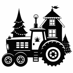 Christmas Cottage Farm tractor Black silhouette