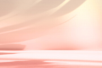 Abstract pink color gradient studio background for product presentation. Empty room with shadows of flowers and plant leaves. 3d orange room with copy space. Summer concept. Blurred backdrop