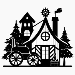 Christmas Cottage Farm tractor Black silhouette