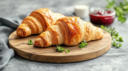 Freshly Baked Croissants with Jam on Wooden Board