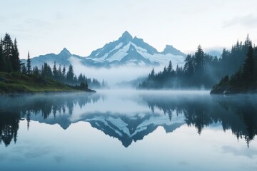 A tranquil lake captures the reflection of towering mountains shrouded in mist, framed by lush evergreen forests in early morning light