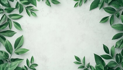 Fresh green leaves arranged on light grey background, perfect for nature themes.