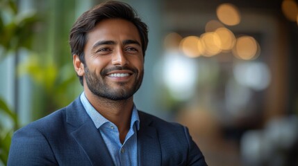 Naklejka premium A man in a blue suit and blue shirt is smiling