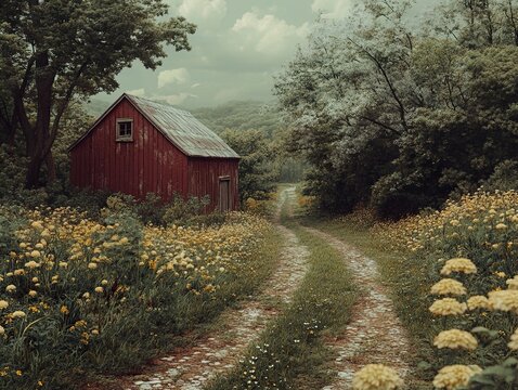 Rustic Red Barn on Winding Country Road - Powered by Adobe