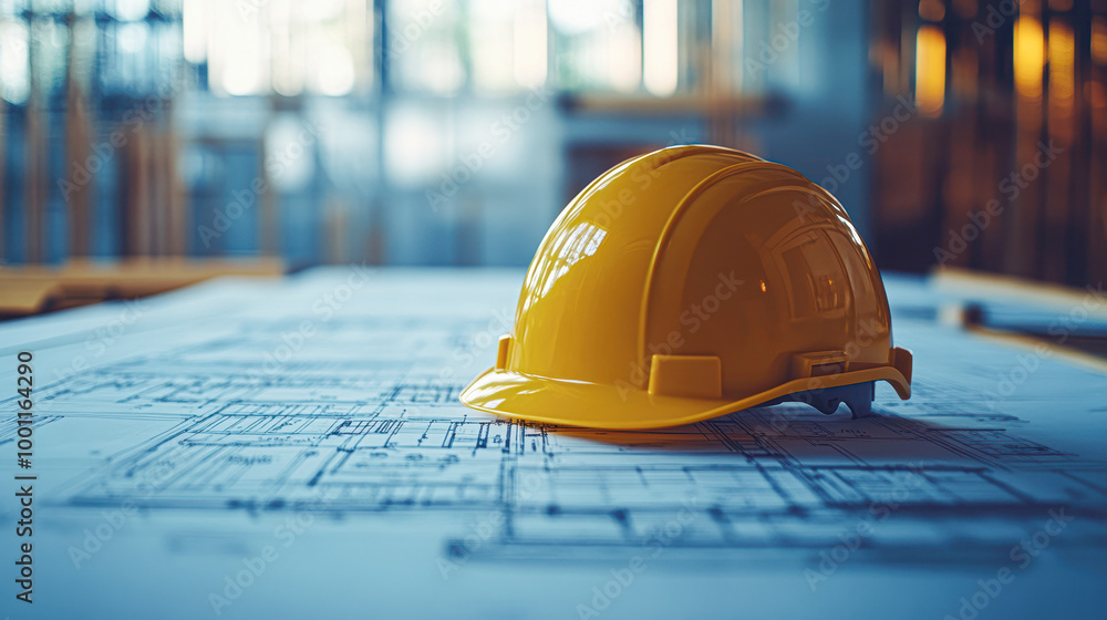 Poster A yellow hard hat is on top of a blue drawing of a building