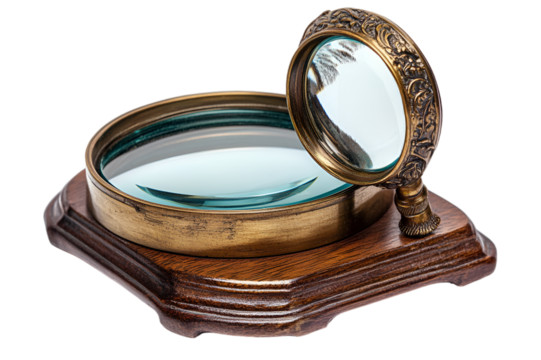 a magnifying glass on a wooden stand. 
