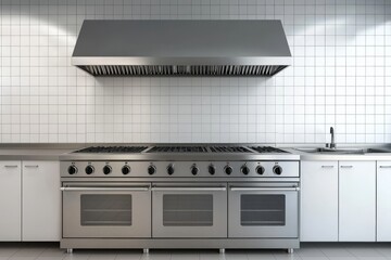 Modern stainless steel kitchen stove with hood and tiled wall.