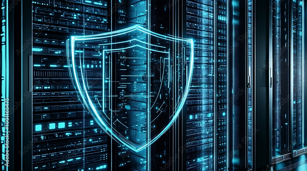 Poster A glowing blue shield hologram in front of a server rack, symbolizing cybersecurity and data protection.