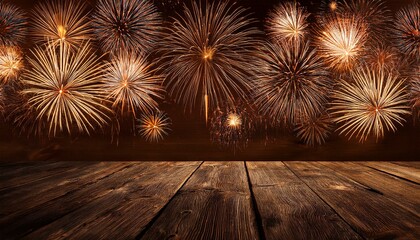 Sylvester 2025, New Year's Eve, New Year background panorama long - Firework Fireworks on rustic brown wooden wood texture