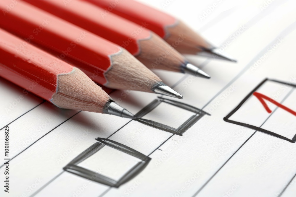 Poster red pencils are pointing at a checked checkbox on a checklist on a piece of paper