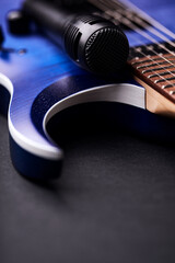 Microphone on electric guitar. Soft focus. Close up. Copy space.	
