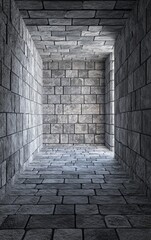 Stone corridor with textured walls and illuminated entrance, dramatic perspective