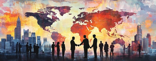 An abstract representation of global business, featuring silhouettes of people shaking hands