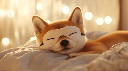 Shiba Inu Puppy Sleeping with Eye Mask, Cozy Shiba Inu Napping with Eye Mask