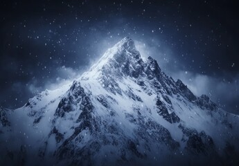 Obraz premium Snow falls gently on a majestic mountain peak under a dark sky, creating a serene winter atmosphere at night