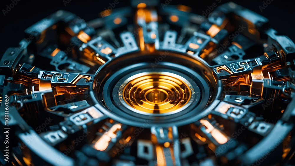 Poster a close-up view of a complex, circular mechanical device with intricate gears and a golden center.