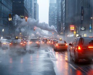 Busy city street with cars and taxis, enveloped in fog and steam, under misty weather during the early morning or late evening.