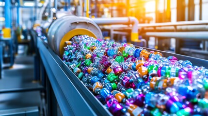 Closeup of a conveyor belt in a recycling plant, filled with colorful plastic bottles ready for sorting and recycling process.