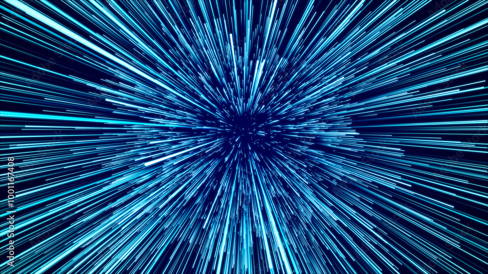Leinwandbilder Abstract blue hyper jump. Digital hyperspace with flow of bright particles. Beams motion in galaxy. Big stars explosion. Space glowing tunnel moving at the speed of light. 3d rendering.